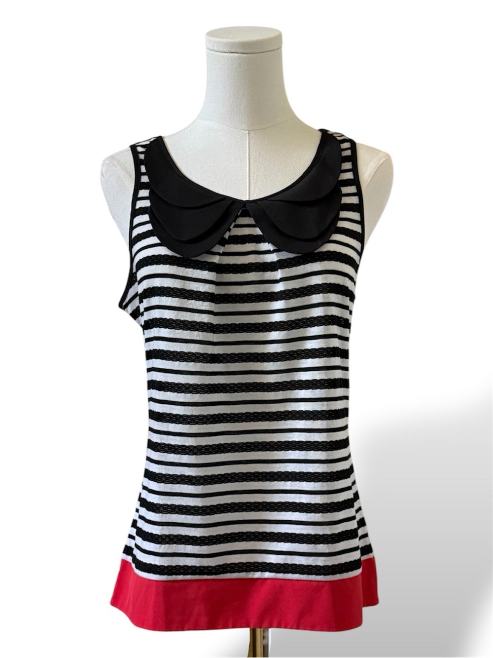 Women’s Striped Tank Top - Black/White with Red Hem